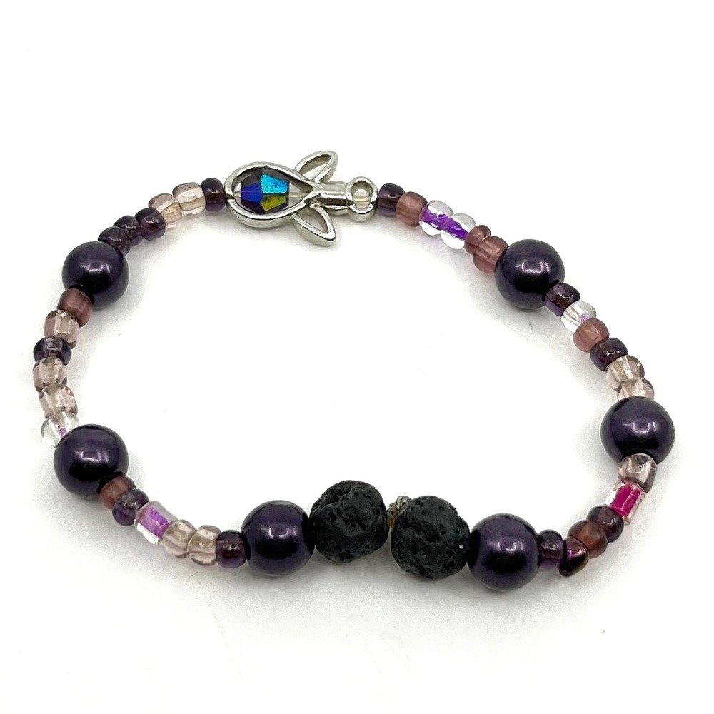 Vintage Purple Faux Pearl Lava Rock Beaded Stretch Bracelet Angel Crystal Accent